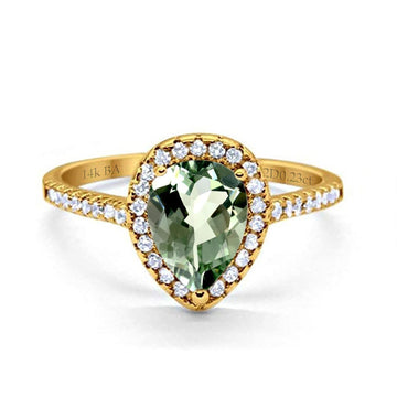 14K Yellow Gold 1.48ct Teardrop Pear 8mmx6mm G SI Natural Green Amethyst Diamond Engagement Wedding Ring Size 6.5